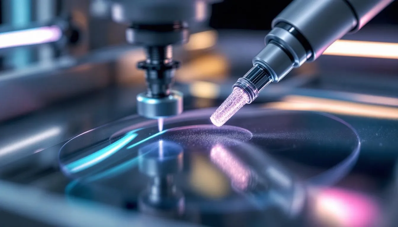 A cleaning process of a laser lens to maintain its clarity and performance.