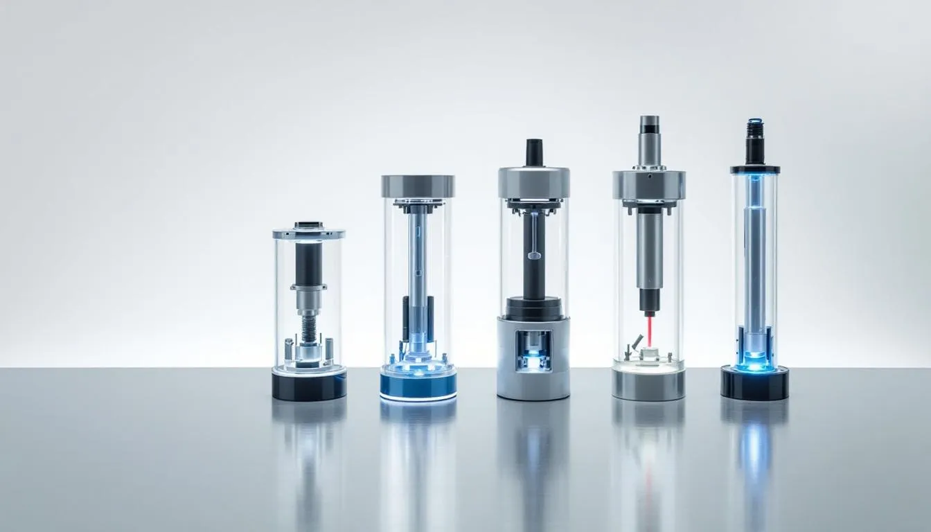 A display of various CO2 laser tubes from different suppliers.