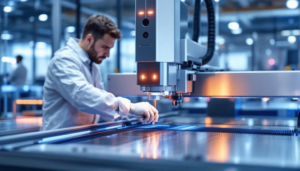 A technician aligning a new laser tube in a laser cutting machine