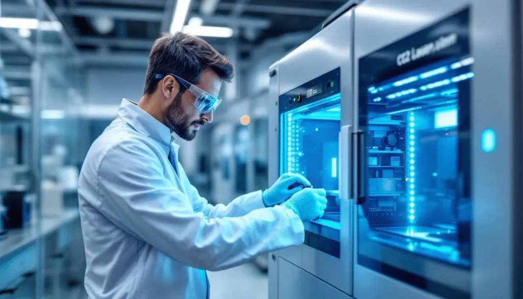 A technician maintaining and replacing CO2 laser lenses in a laser machine.