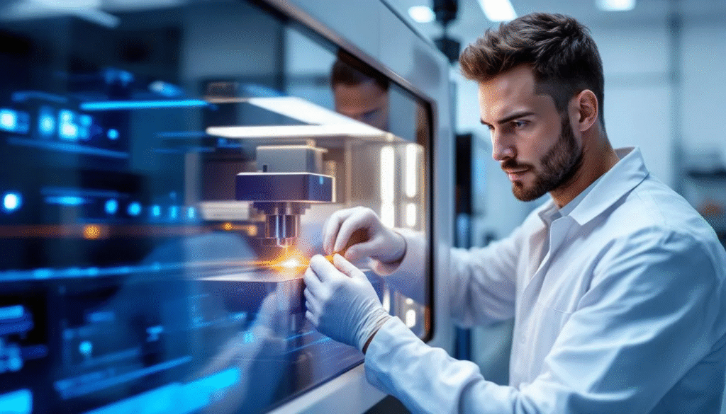 A technician setting up a laser lens inside a laser cutting machine.