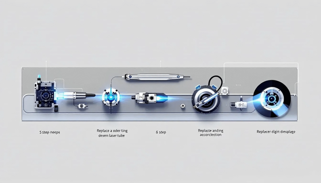 An illustration of the step by step process of replacing a laser tube
