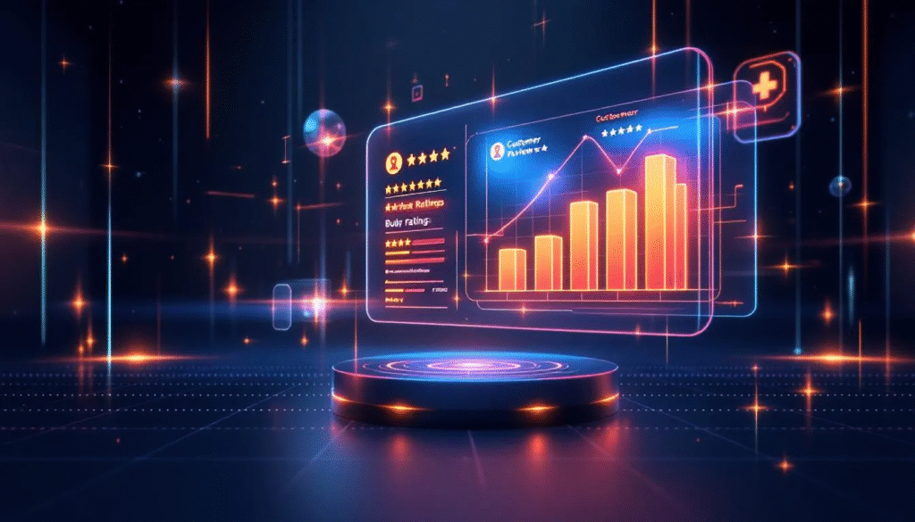 Customer reviews and ratings displayed with visual elements.