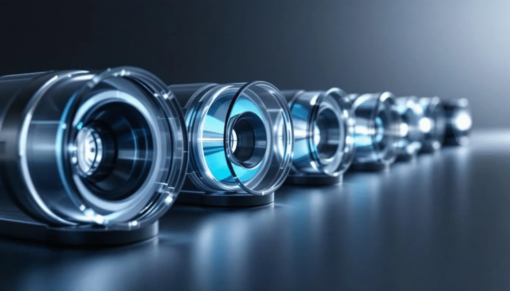 Different types of laser lenses displayed together for comparison.