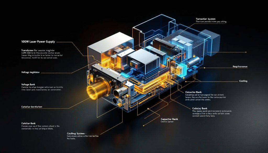 A diagram illustrating the components of a power supply for a 100W CO2 laser.