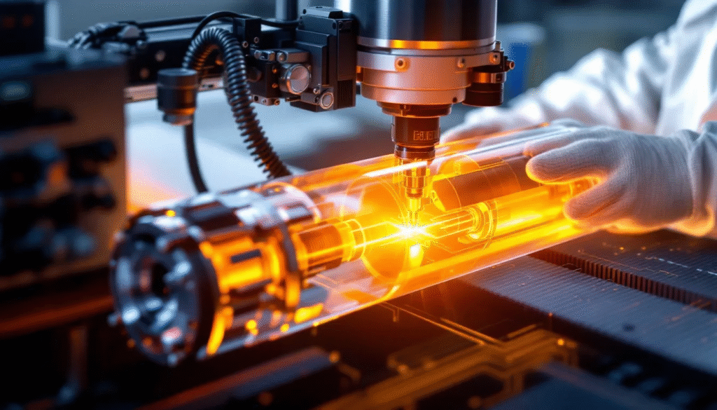 A technician performing maintenance on a 100W CO2 laser tube.